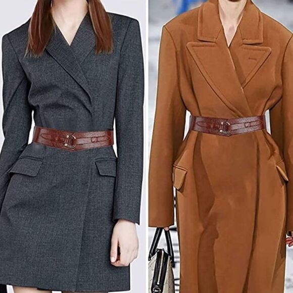 Wide Leather Belt Hook Buckle Wide Waist Stretch Dark Brown Belt - Picture 2 of 11